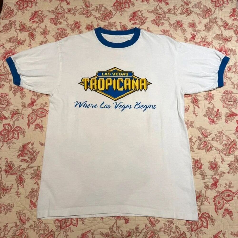 Vintage 80s Single Stitch Tropicana Ringer Graphic T Shirt!